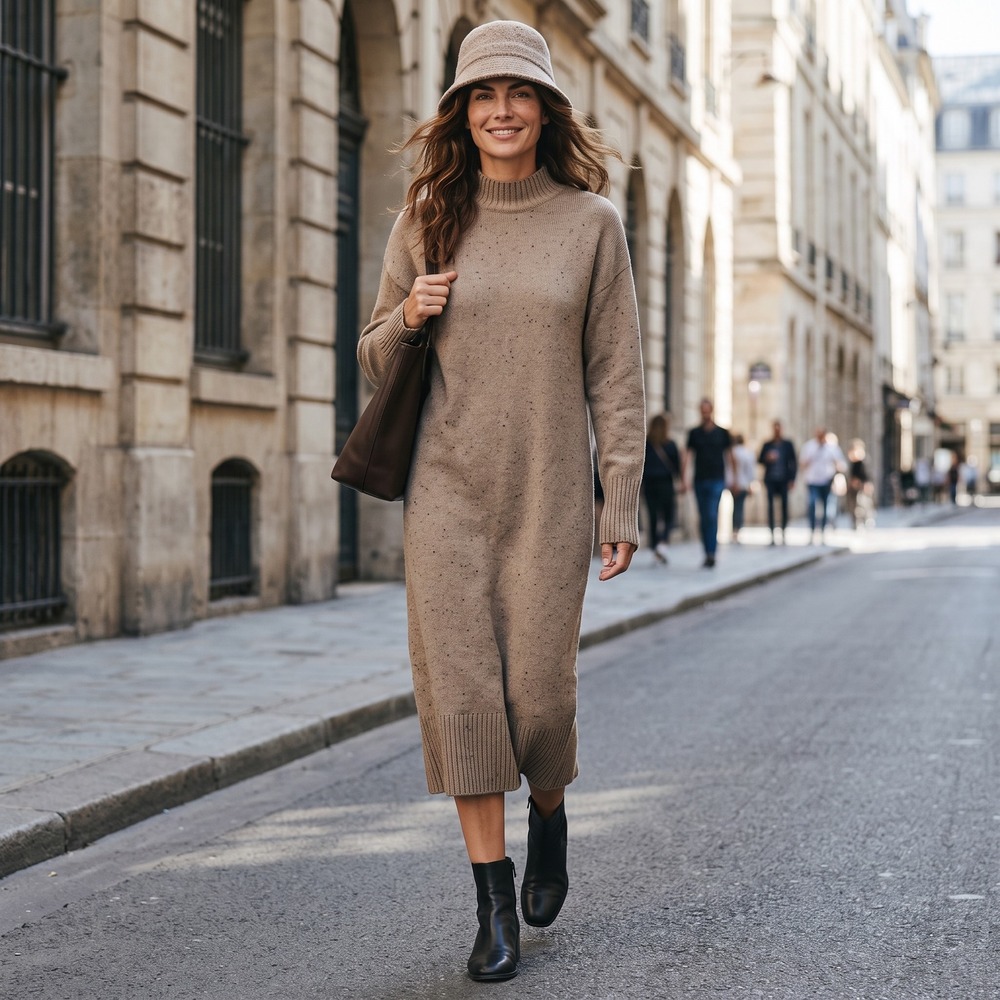 COS‎ Womens Beige Speckled Pure Wool Mock Neck Knit Midi Dress XS RN101255